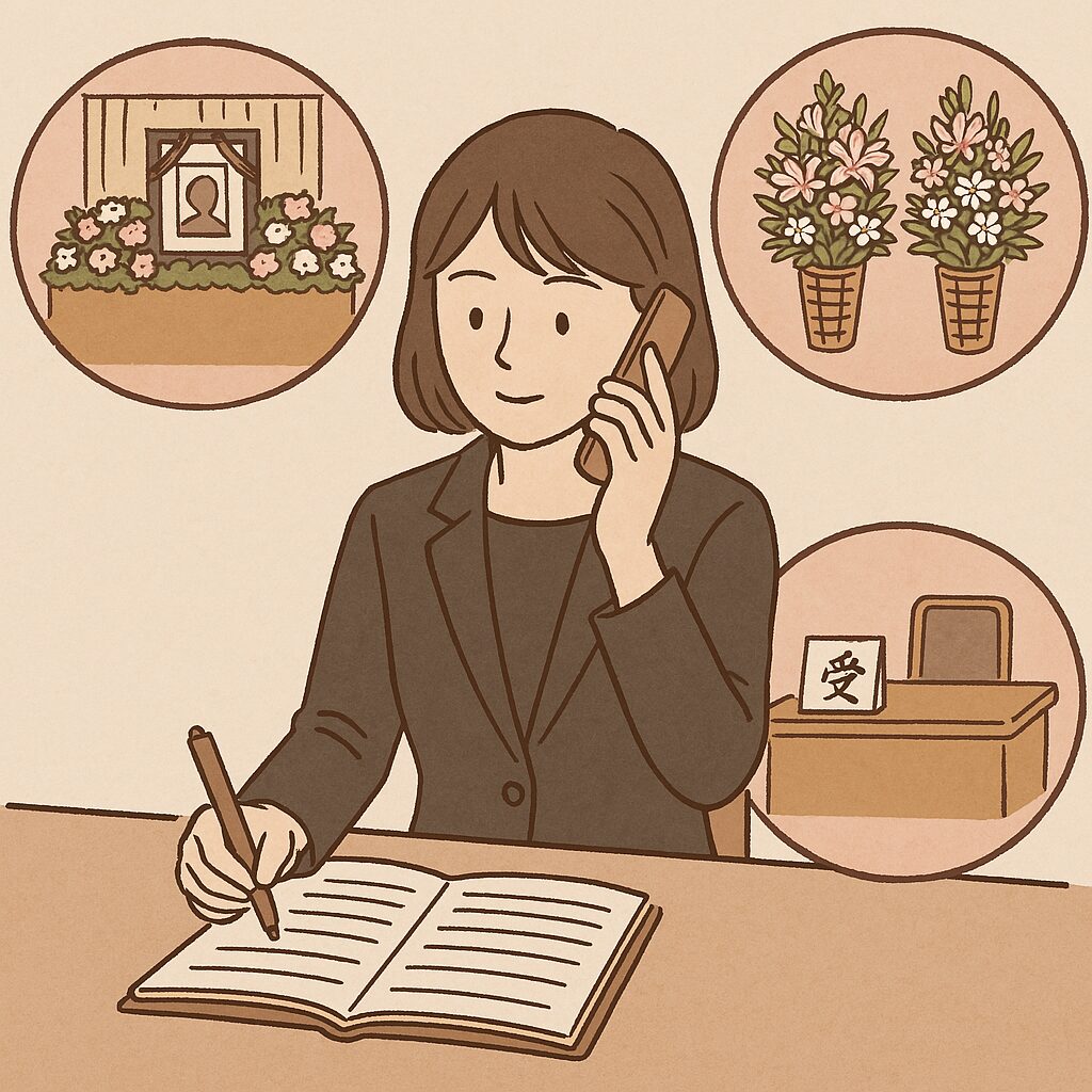 葬儀の準備を進める喪主が、式場や供花、受付などの手配