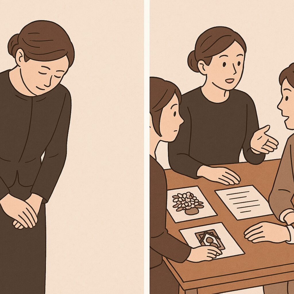 正装を身にまとった喪主が、丁寧に頭を下げて挨拶する様子と、家族と役割