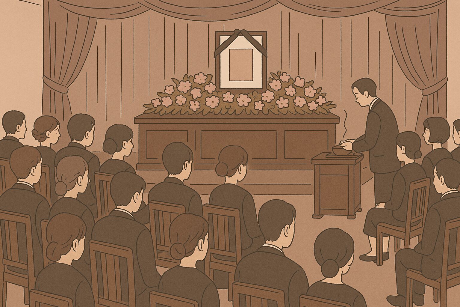 落ち着いた雰囲気の広い葬儀会場で、多くの参列者が故人を静かに見送る様子