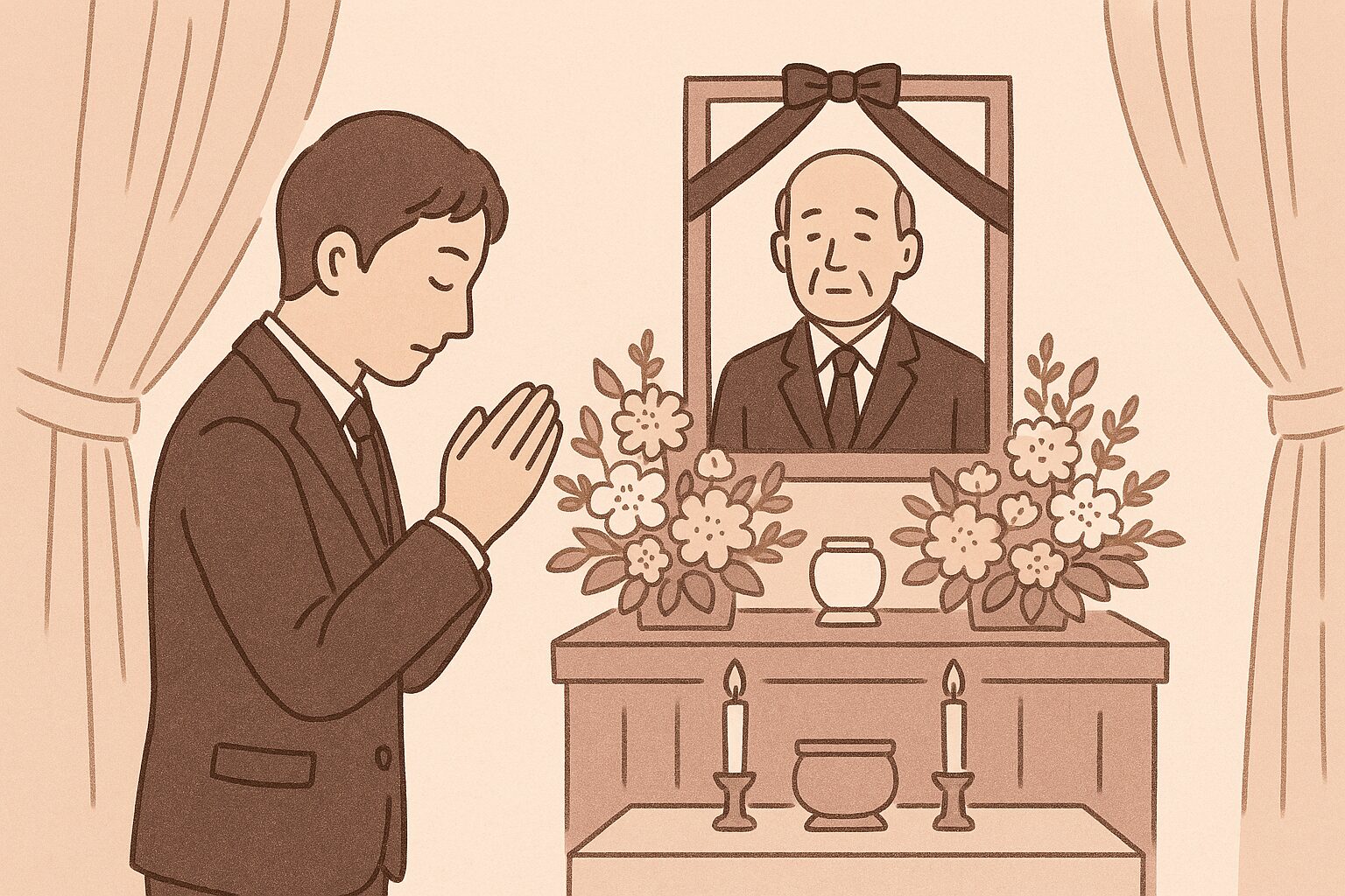 儀式中の告別式会場で遺影に一礼する人物（黒い喪服、静かな空間、祭壇あり）
