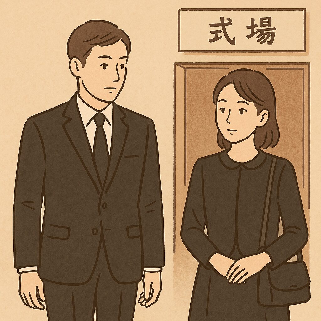 式場に向かう男女の参列者(黒いスーツと黒のアンサンブル、落ち着いた表情)