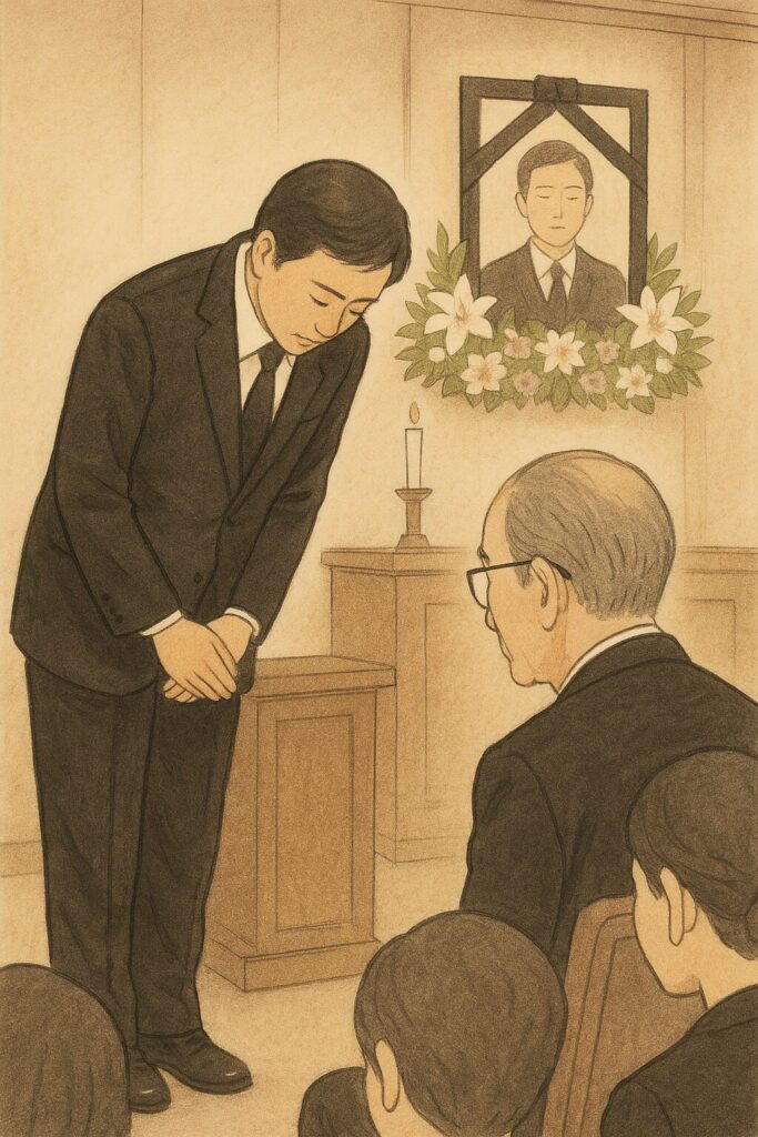 喪主が参列者に挨拶する場面(厳粛な式場で一礼している様子)