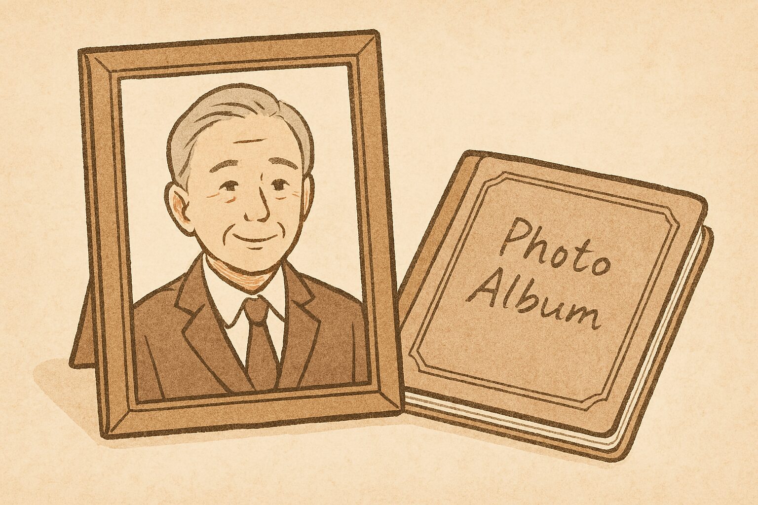 額縁に入った遺影と横に並べられた写真アルバムの温かなイラスト