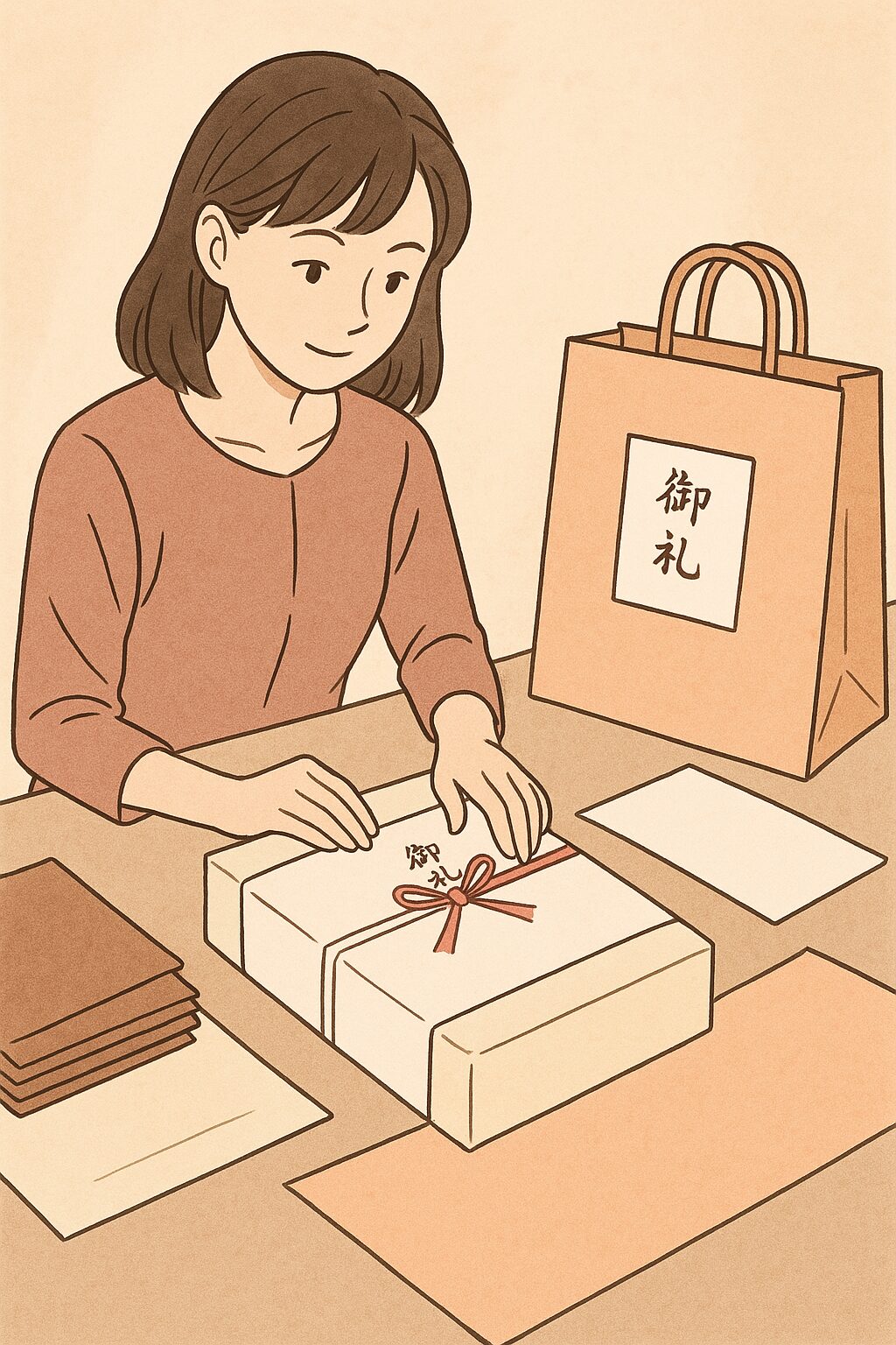 包装紙とのし紙を使って引き出物を丁寧に包んでいる女性。テーブルの上には持ち帰り袋や包装用具が整然と並び、穏やかで落ち着いた雰囲気が広がっている。